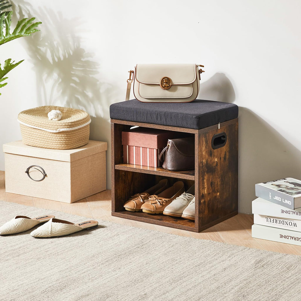 Small Shoe Storage Bench with Cushion, Rustic Brown