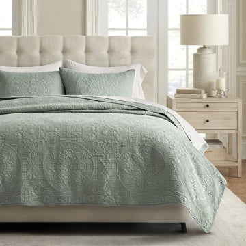 100% Cotton Medallion Stitch Quilt Set, Soft Sea