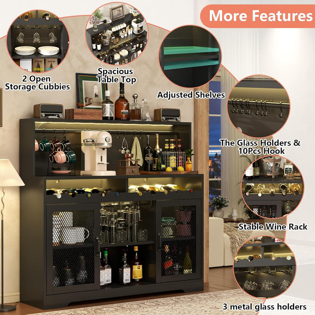 Wine Bar Cabinet with LED Light, Liquor Cabinet with Glass Holder, Coffee Bar for Liquor, Storage Buffet with Wine