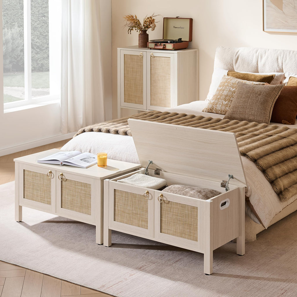 Rattan Storage Bench Boho Storage Chest with 2 Safety Hinges
