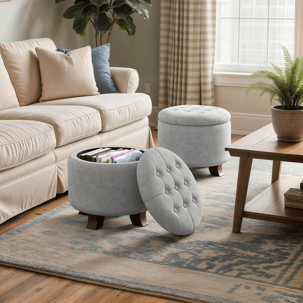 Round Storage Ottoman, 20 Dia. x 17 H Inches, Light Gray | Linen Fabric Tufted Upholstered Ottoman with Legs &