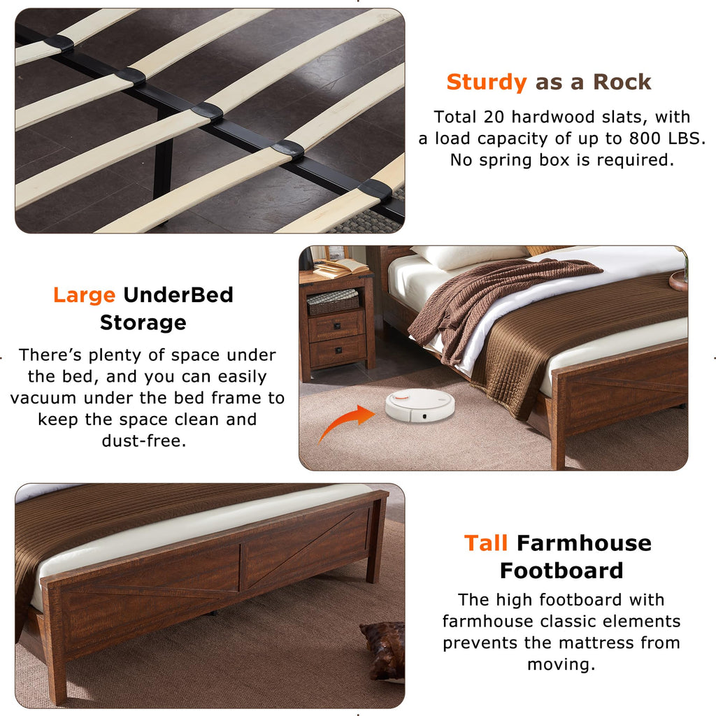 Farmhouse Queen Size Bed Frame w/Storage Bookcase Headboard, Sliding Barn Door, Charging Station, Rustic Wood
