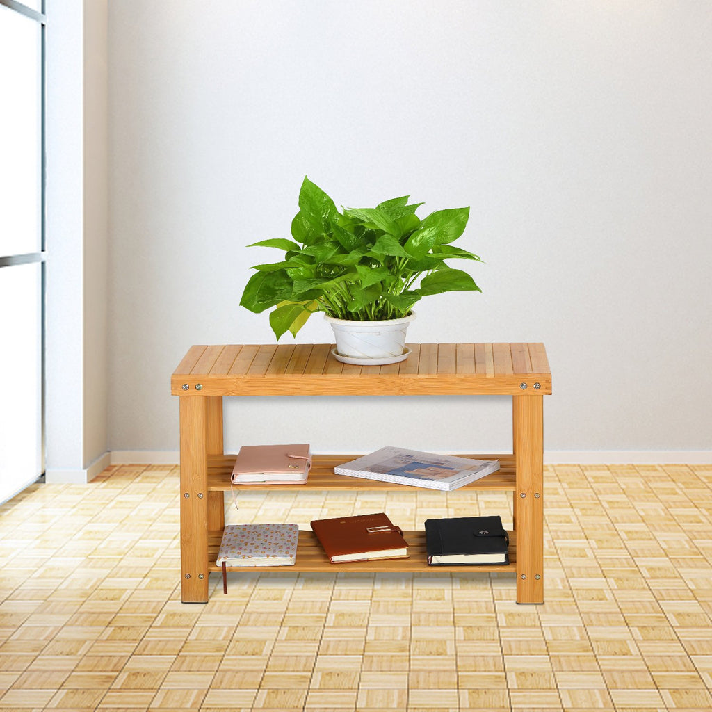 Shoe Bench with 100% Natural Bamboo, 2-Tier Seat Storage Racks Holder Shelf Organizer Entryway Hallway Furniture