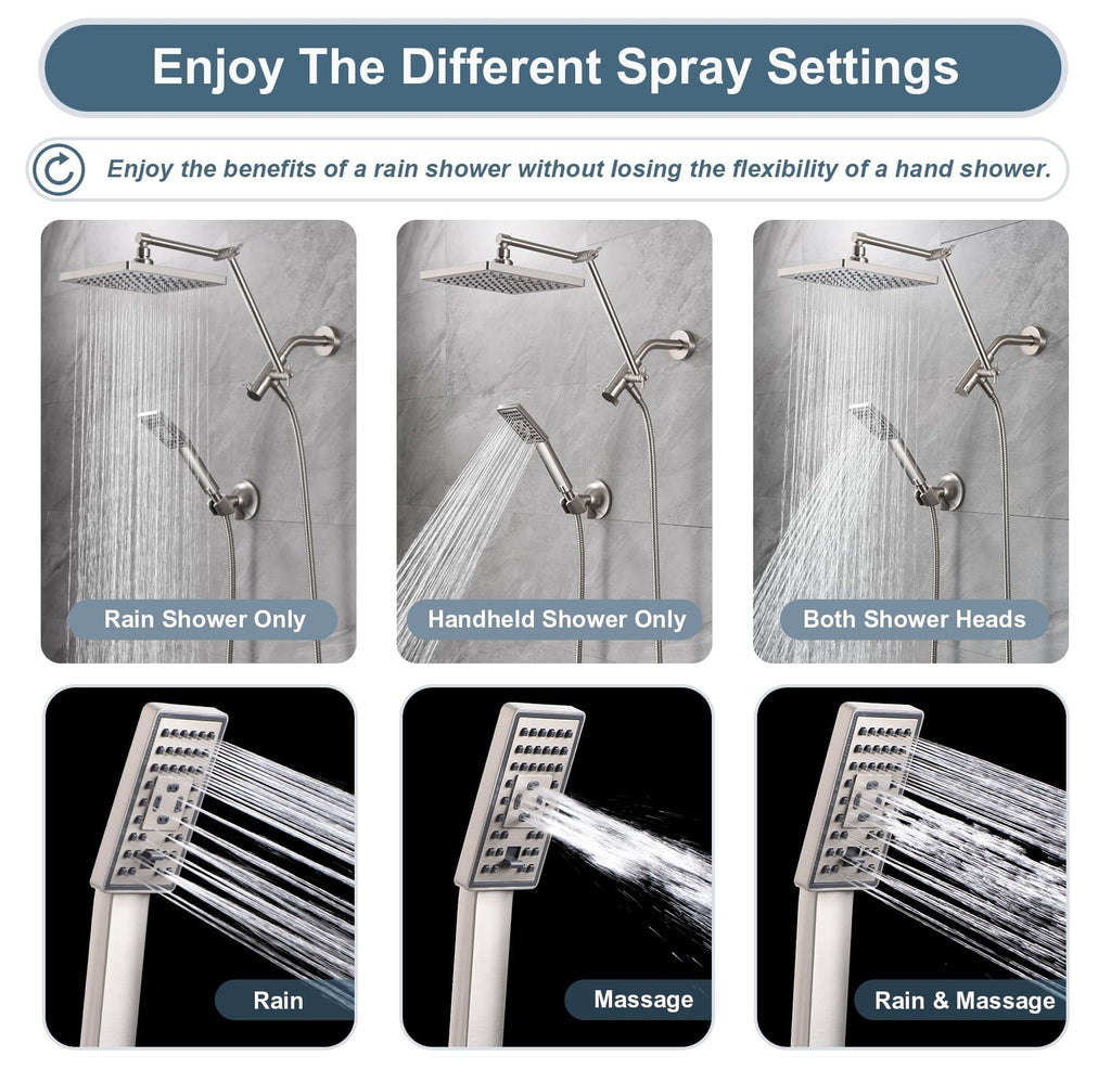 High Pressure Rain Shower Head Combo with Double Extension Arm, 8 Inch Rainfall Shower Head with Handheld Spray