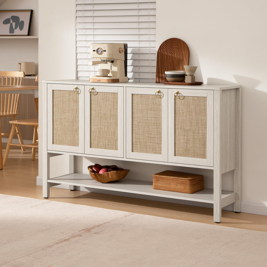 White Rattan 110" Long Sideboard Buffet Cabinet with Door, Credenza