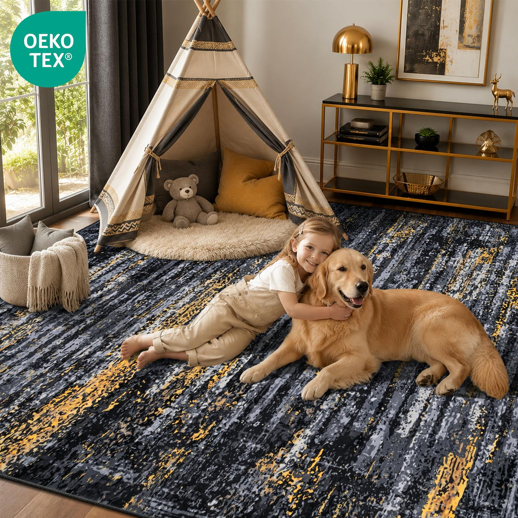 Washable Area Rug, Abstract Rug Black Gold