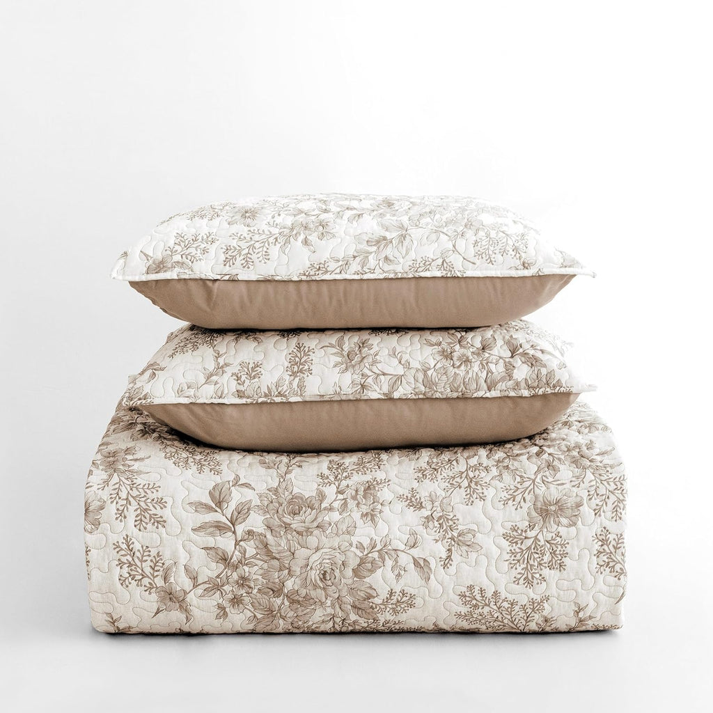 Taupe Floral Quilt, Summer Cooling 3 Piece Cotton Vintage Farmhouse Bedding Set, Machine Washable Lightweight