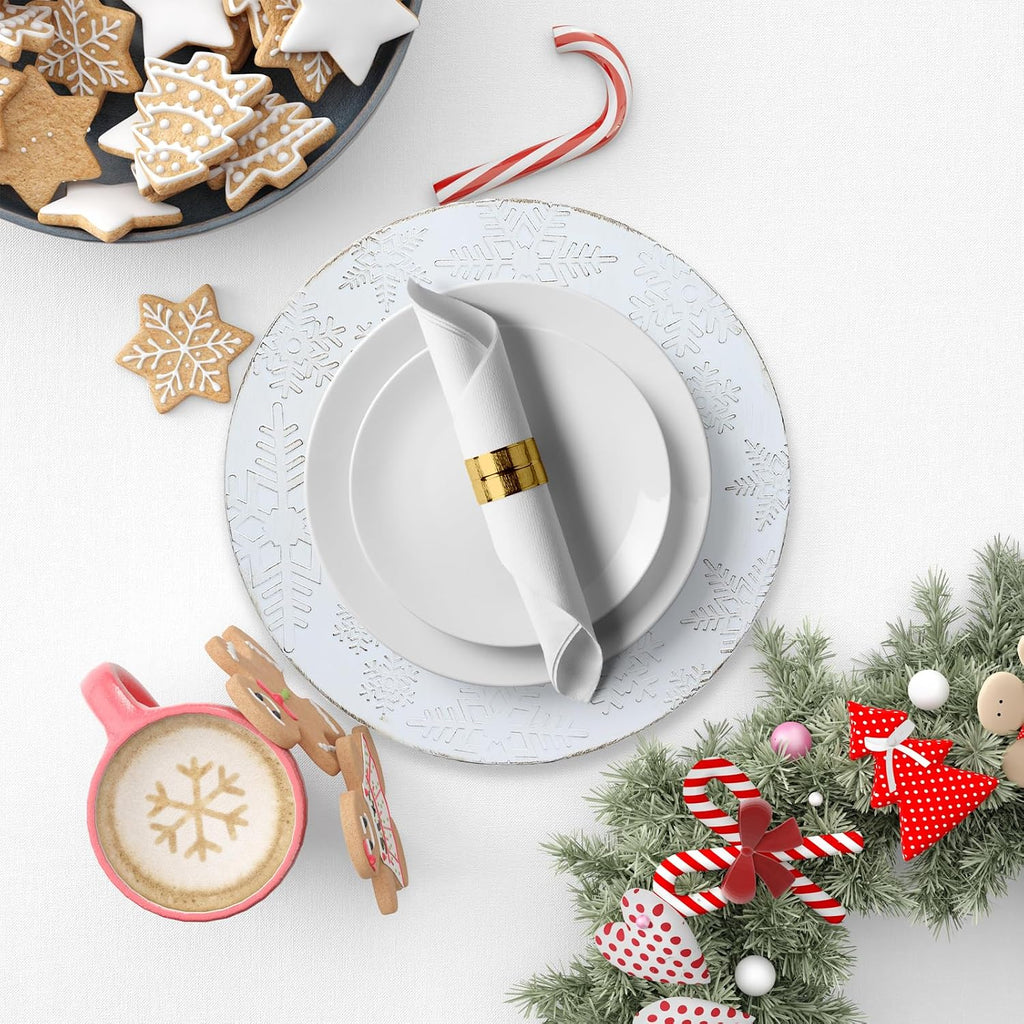 Christmas Snowflakes White Charger Plates, 13 Inch Set of 6 Chargers for Dinner Plates, Parties, Holiday Table