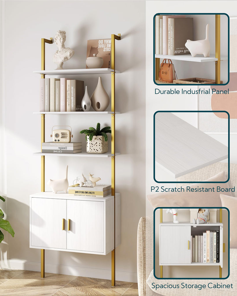73" Tall Bookshelf with Cabinet, Industrial Ladder Wall Mount Shelf Bookcase with Wood and Metal Frame, Plant Shelf