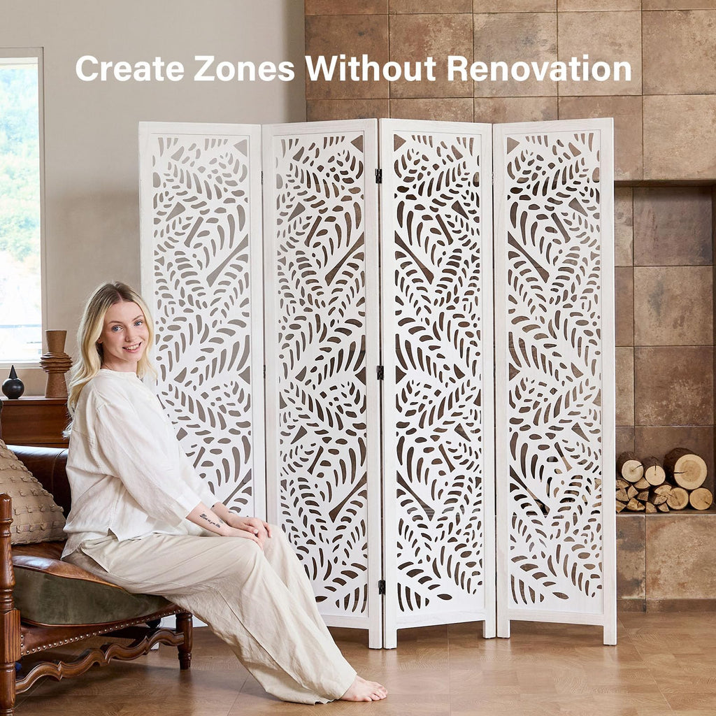 Leaf-Carved Room Divider Privacy Screen - 67 Inch Tall Foading Decorative Wood Screen Dividers Panel - Natural Wood