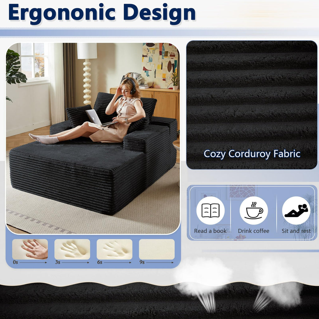 50" W Oversized Chaise Lounge Chair Indoor, Comfy Boneless Reading Chair with 3 Pillows, Luxurious Corduroy Fabric