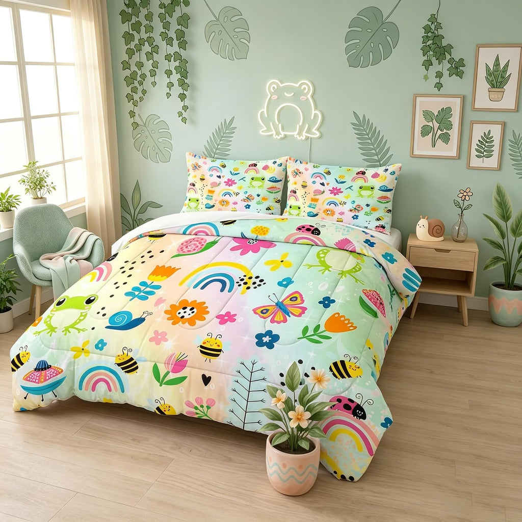 Rainbow Comforter Sets Twin Cartoon Floral Frogs Bedding Set for Girls Kids Children Boys Butterfly Flowers Bees