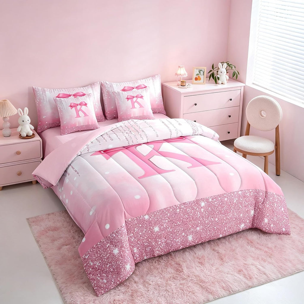 Kids Pink Bowknot 7 Pieces Bedding Set Full, Personalized Initial K Bed in A Bag Princess Glitter Comforter Set with
