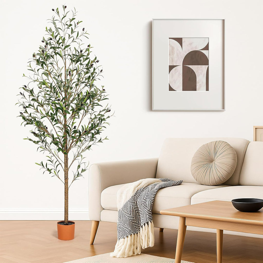 7FT Artificial Olive Tree Indoor Tall Realistic Faux Olive Tree with Plastic Planter, Fake Silk Tree with Handcrafted