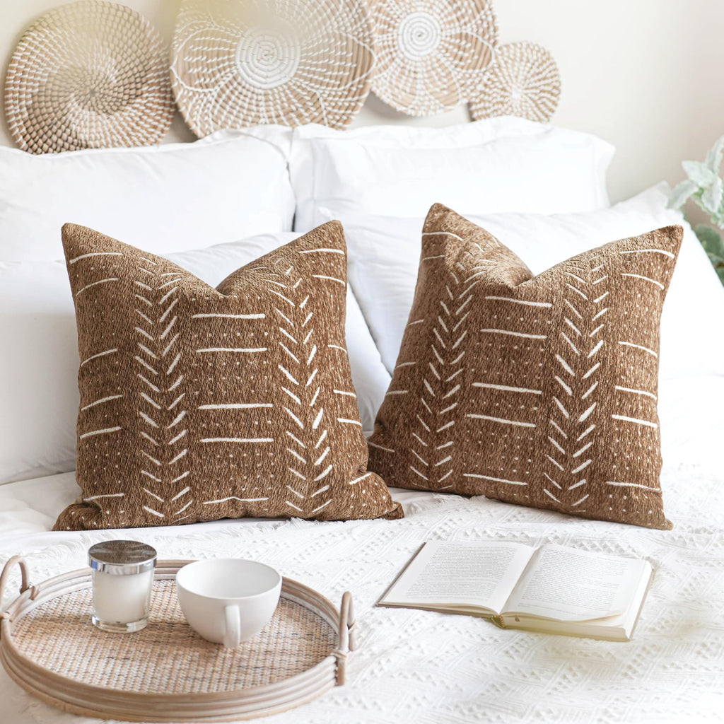 Decorative Throw Pillow Covers 18X18 Set of 2, Brown Boho Farmhouse Cushion Cover, Cozy Soft Accent Pillowcase for
