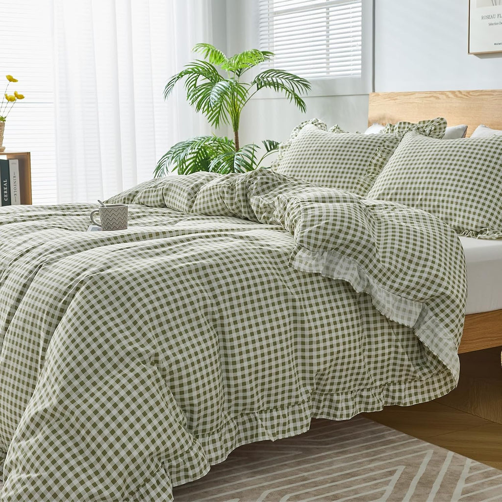 Gingham Duvet Cover Queen, 3 Pieces Soft Breathable Microfiber Plaid Duvet Cover with Zipper Closure & 2 Pillow