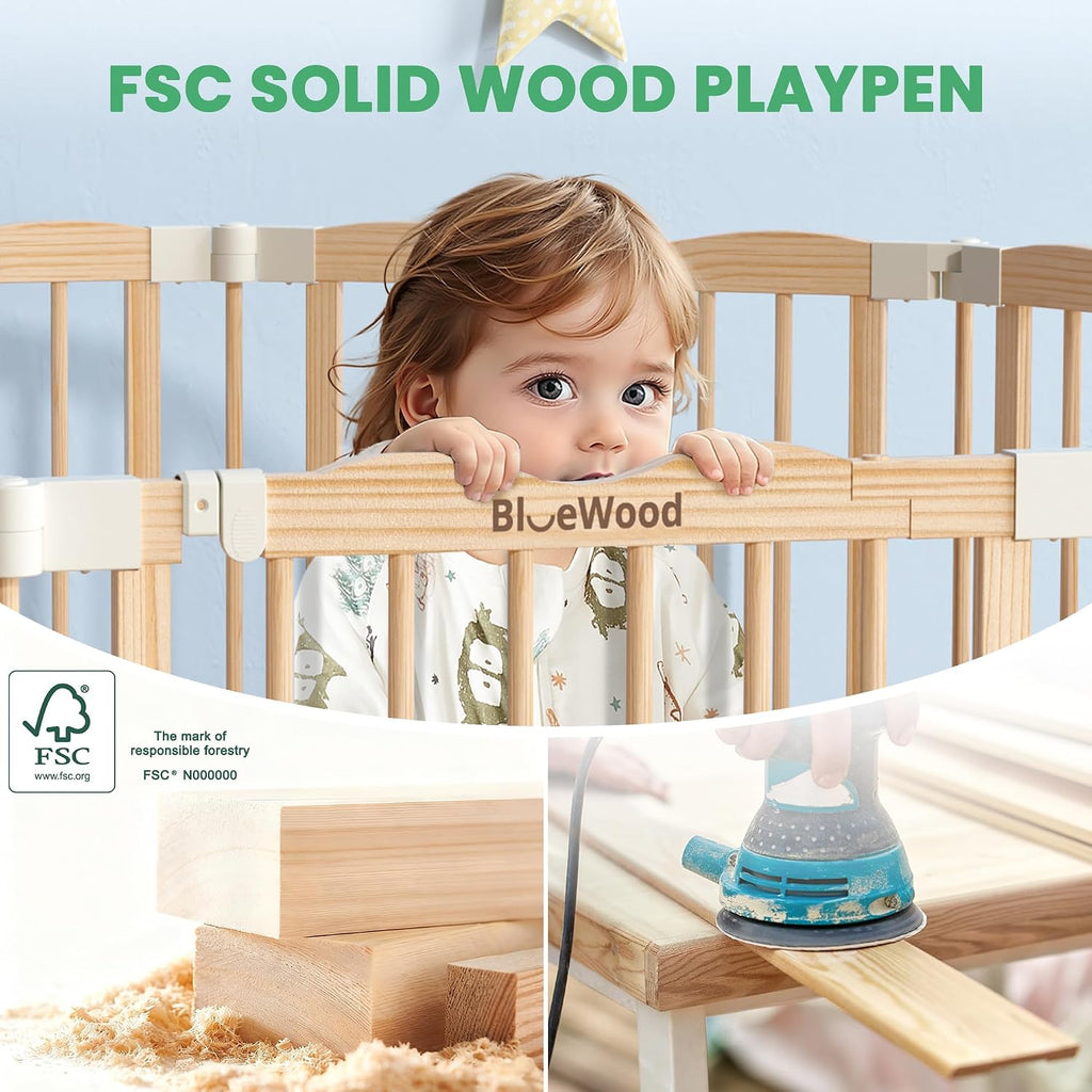 Foldable Wooden Playpen, Natural, 79 x 53 x 24 inches | Adjustable Wood Baby Play Yard with Door, Indoor Large Safety