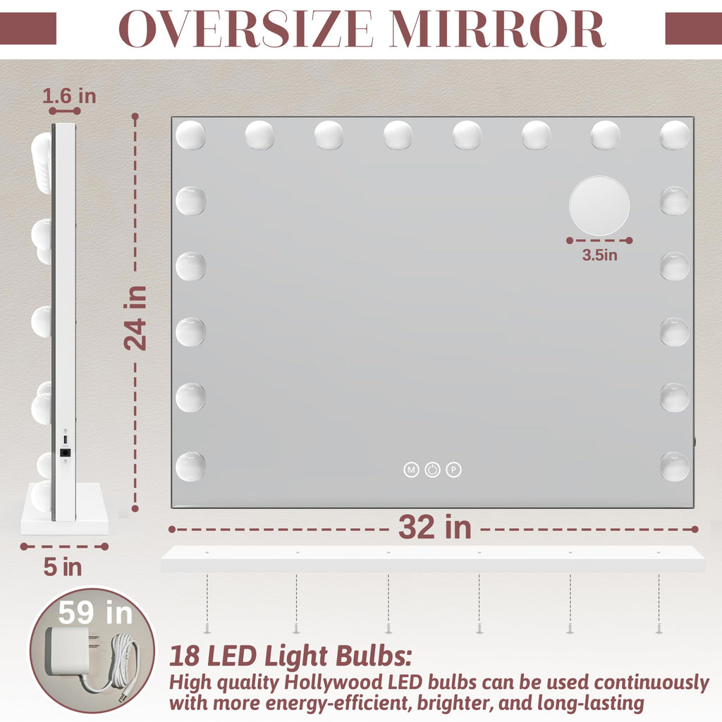 32"x24" Hollywood Vanity Mirror with Lights, 15 Dimmable LED Bulbs, 3 Color Modes, 10X Magnification, USB Charging
