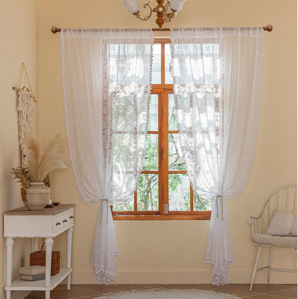 Boho Lace Curtains 108 inch 2 Panels, White Sheer Window Panels