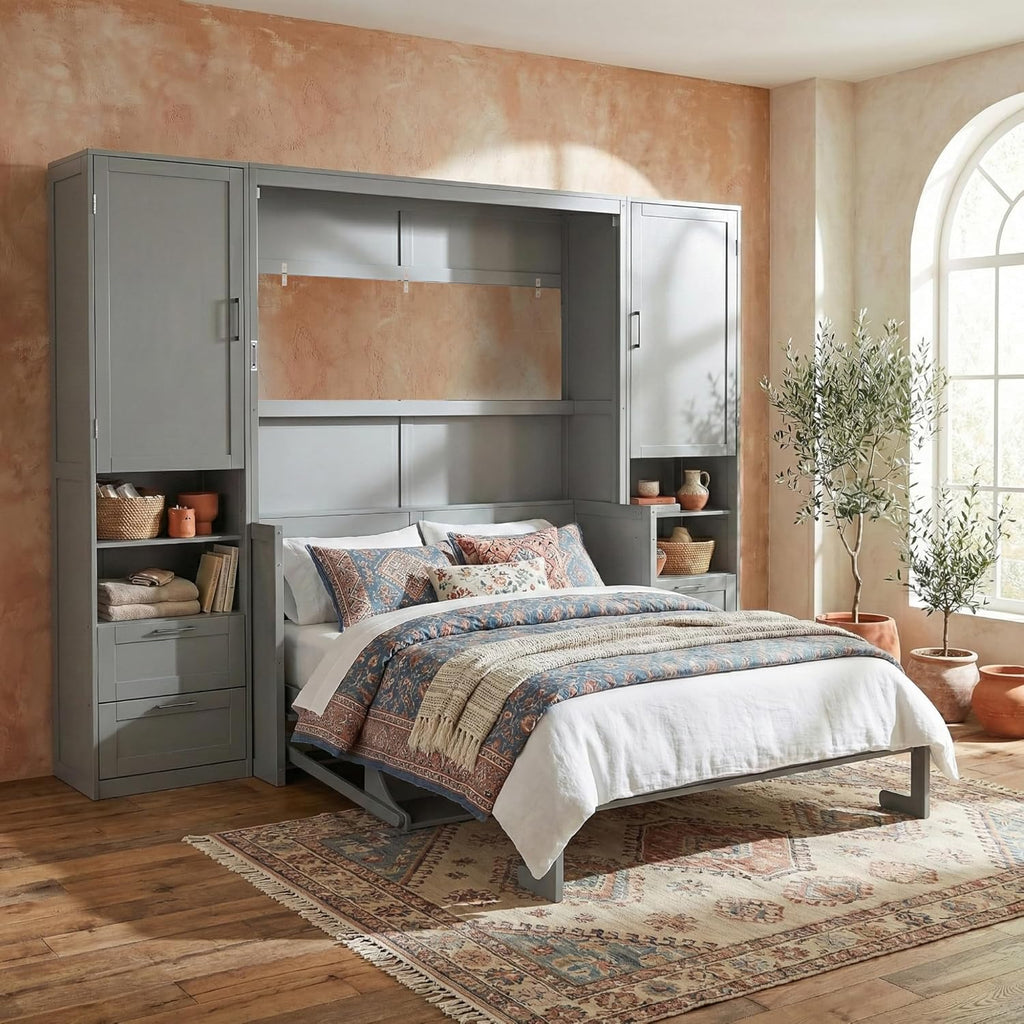 Queen Murphy Bed with Desk, Multifunctional Foldable Wall Bed with Closet, Drawers and Shelves, Space-Saving Wood