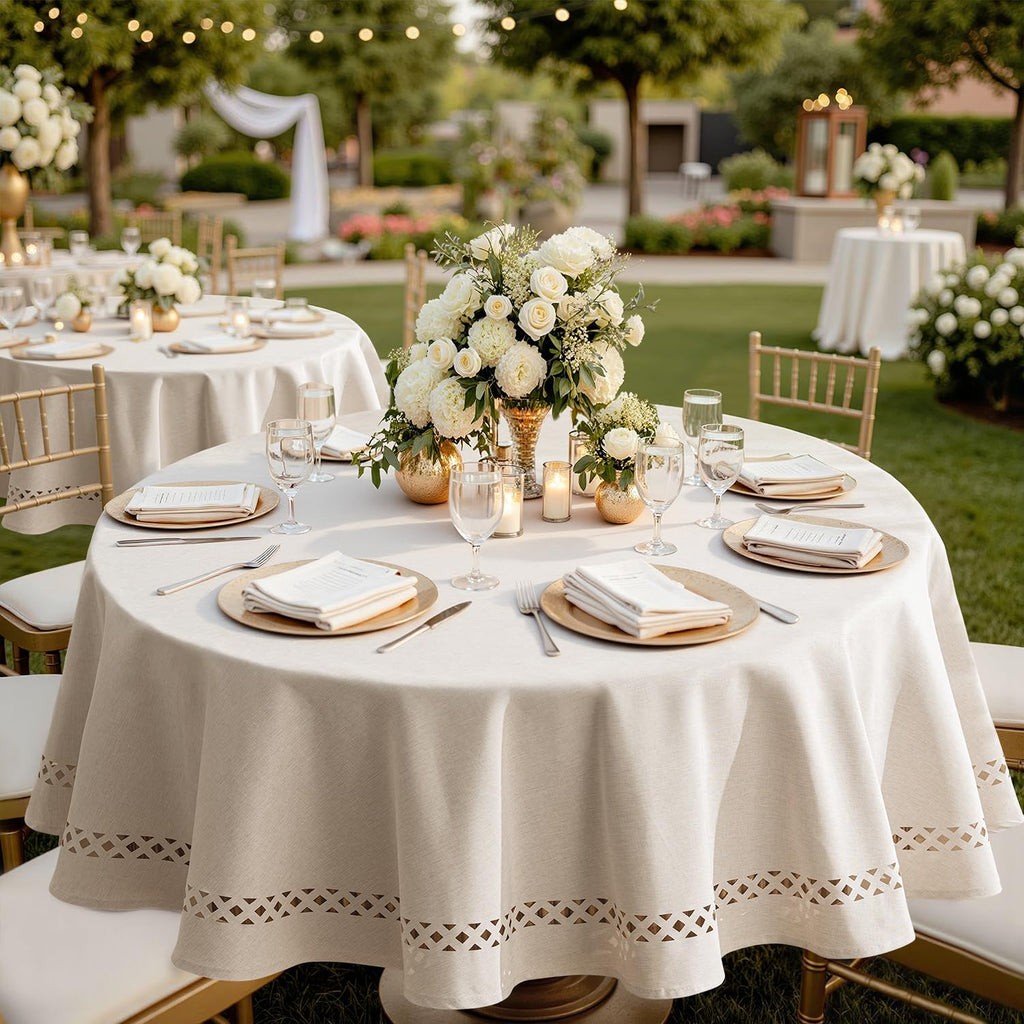 Beige 60 Inch Round Linen Tablecloth with Decorative Cutouts