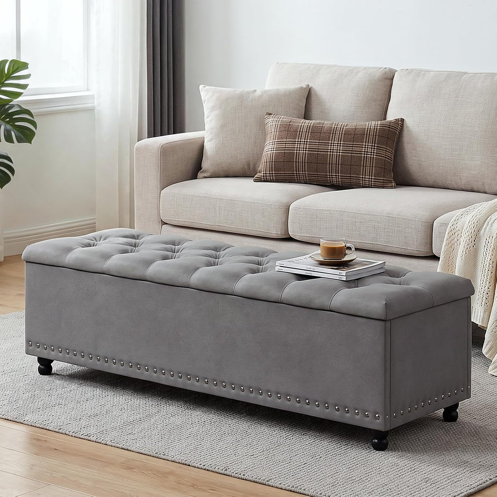 51" Storage Ottoman Bench with Wooden Legs and Soft-Close, Grey | Large End of Bed Bench with Button Tufting, Metal
