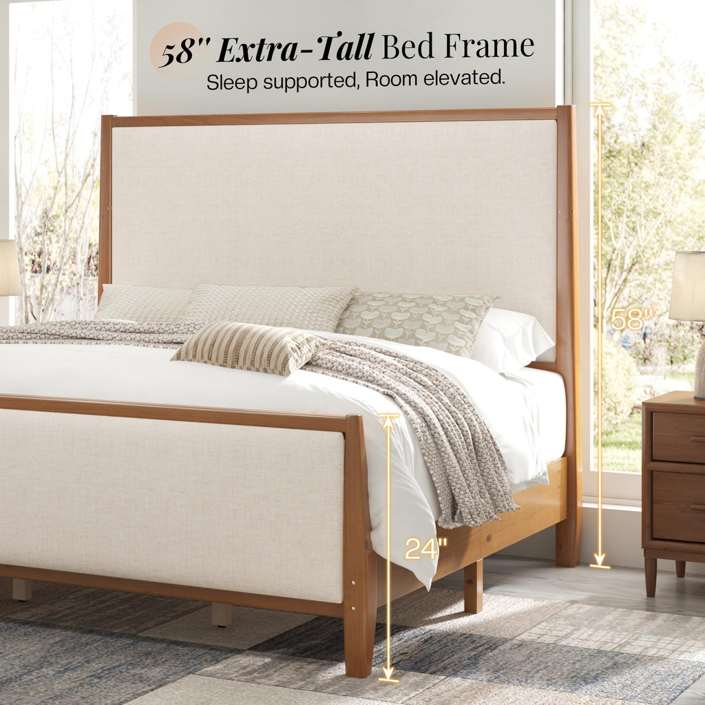 58" Tall Solid Wood California King Size Bed Frame with Upholstered Headboard & Footboard, Wooden Platform Bedframe