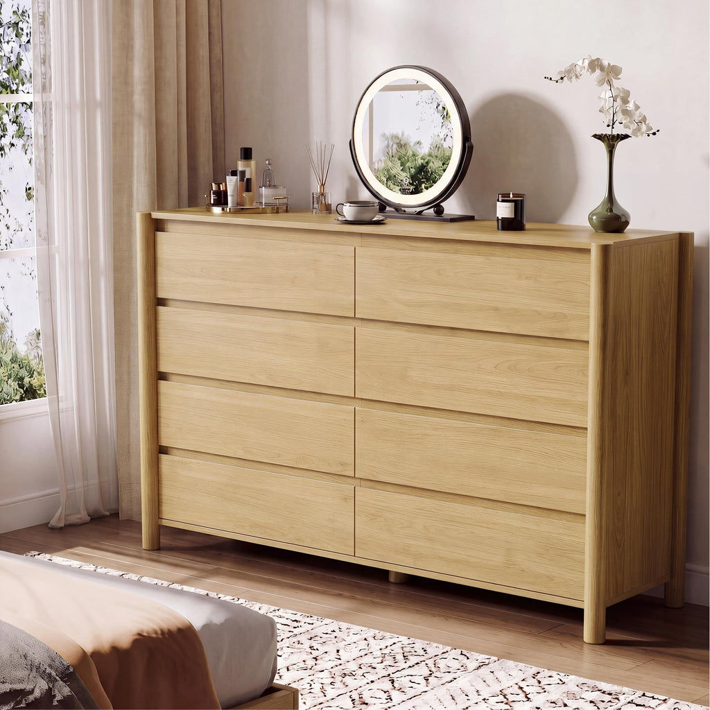 Oak Dresser, 55" Wide 8 Drawer Mid Century Modern Chest