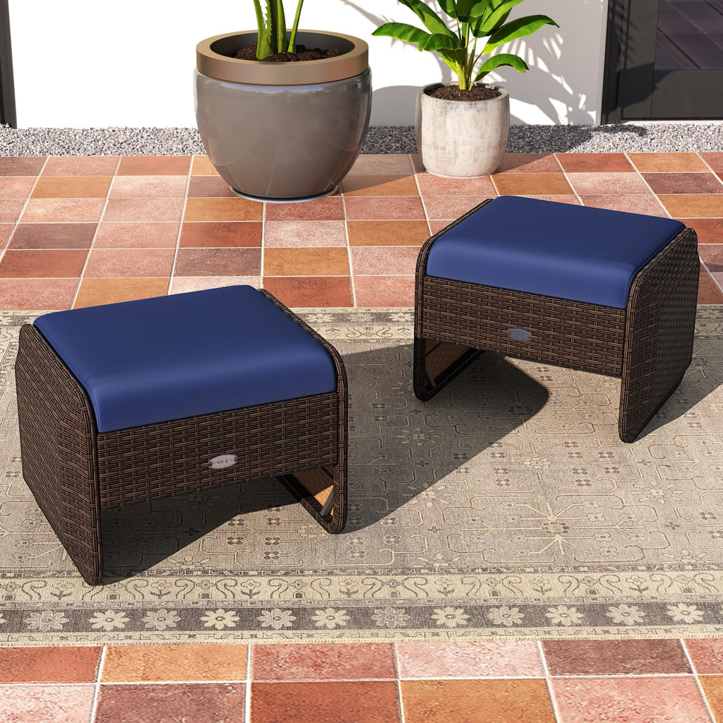 Wicker Outdoor Ottomans - 2-Piece Rattan Footstools w/Removable Cushions, 3-in-1 Multipurpose Footrest, Additional
