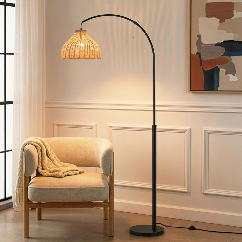 Lark Standing LED Floor Lamp - Modern Tall Corner Arc Lamp with Boho Hanging Rattan Shade - Bright Bedside Reading