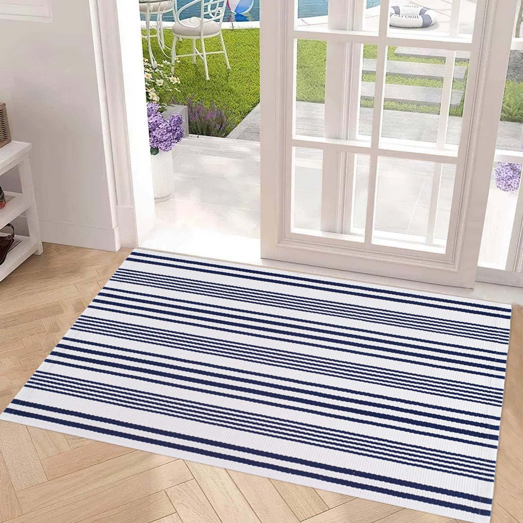 Blue and White Outdoor Rug 24"x51"Washable Woven Striped Front Porch Rug