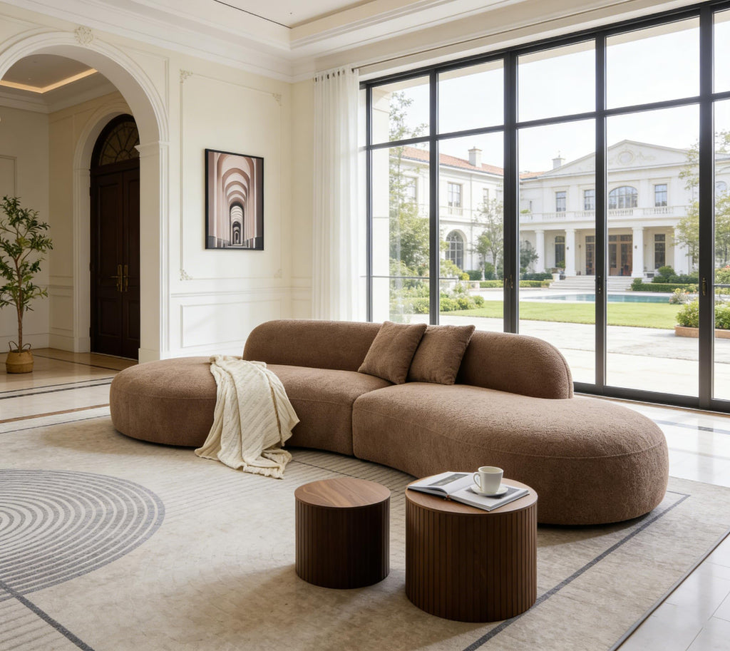 135.4" Oversized Luxury Curved Sofa, Modern Sectional Couch Boucle, Camel