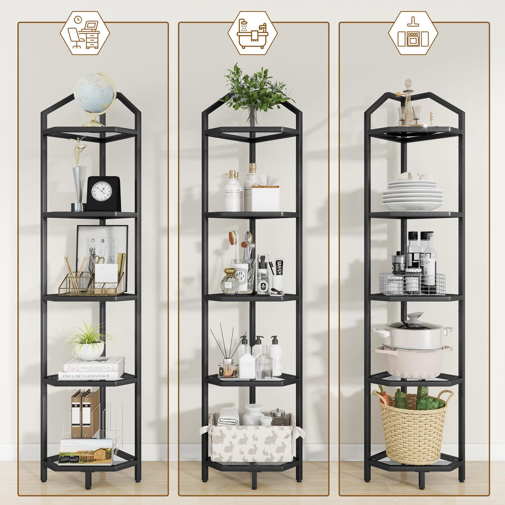 5-Tier Corner Shelf Stand, Black Corner Bookshelf, Bathroom Storage Rack Shelf, Plant Rack, Tempered Glass, Steel