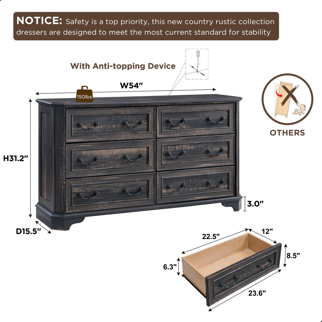 Farmhouse 6 Drawers Dresser, 54" Wide Wood Rustic Chest of Drawers with Natural Texture, Vintage Design, Storage