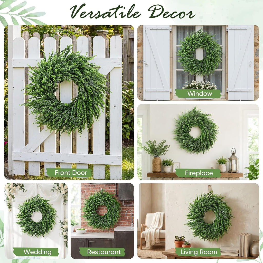 Boxwood Wreath Christmas DIY, Spring Wreaths for Front Door, Realistic Green Wreath for All Seasons Outside Farmhouse