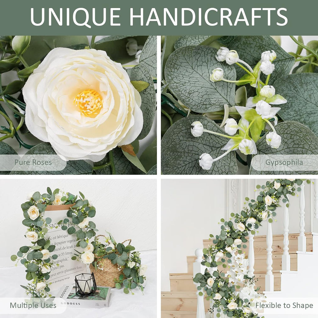 Artificial Eucalyptus Flower Garland with White Roses - Set of 4