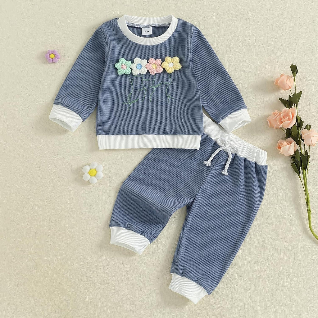 Toddler Clothes For Girls Baby 3D Flower Fall Winter Outfits Stripes Waffle Sweatshirt Pullover Cute Pants Set