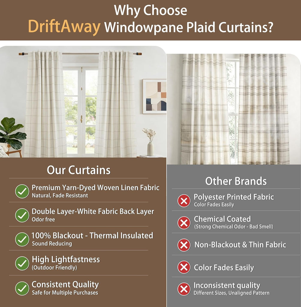 100% Blackout Windowpane Plaid Linen Curtains Double Layer Farmhouse Drapes 96 Inches Long for Living Room Bedroom