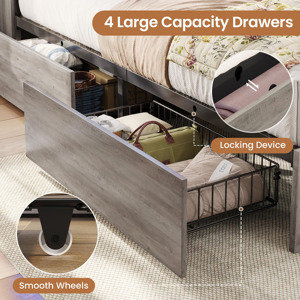 Farmhouse Bed Frame with Bookcase Storage Headboard, Charging Station and LED Lights, Wooden Bed