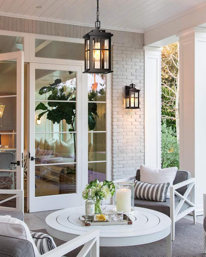 Black Dusk to Dawn Outdoor Pendant Light, Modern Hanging Light Fixture with Tempered Glass