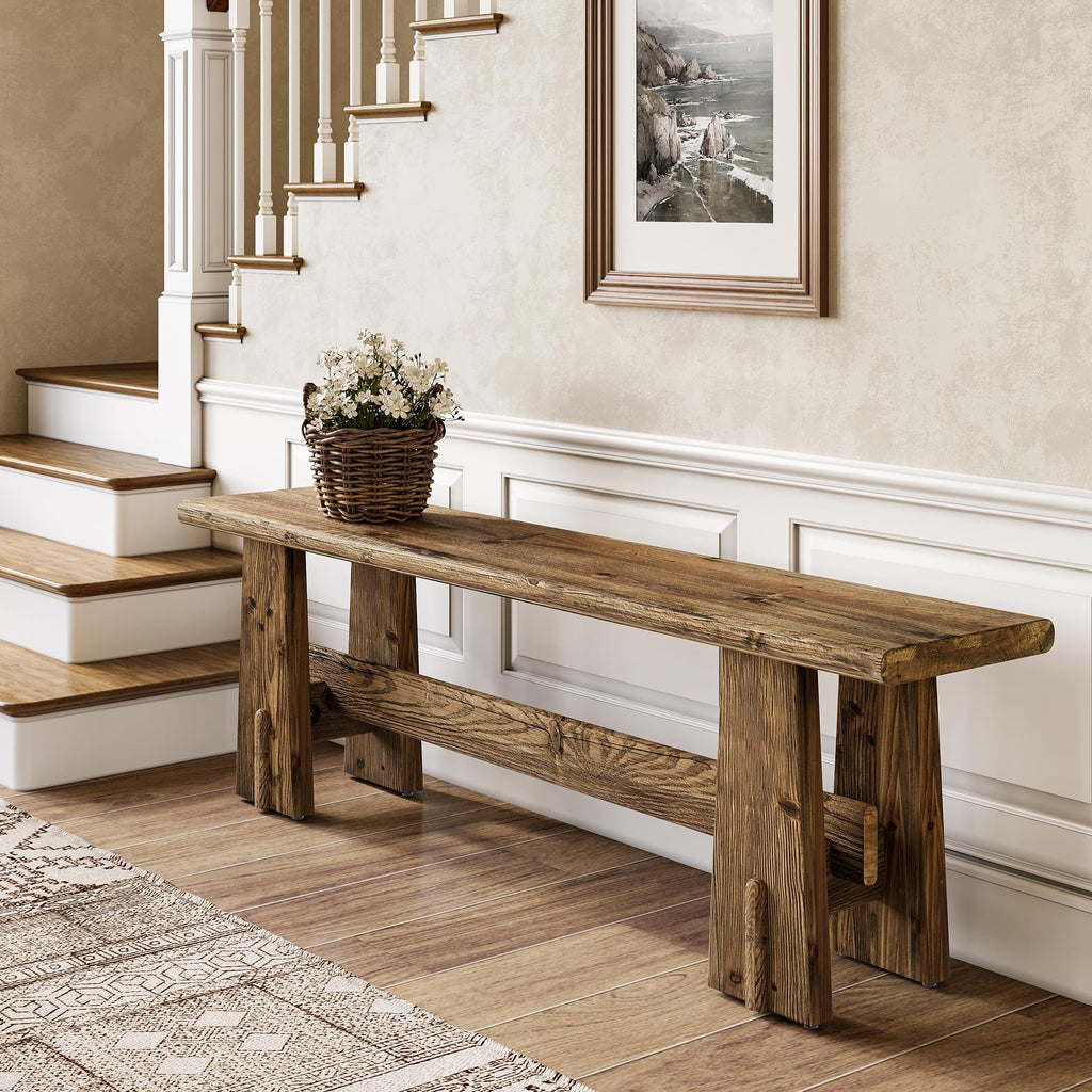 59" Solid Wood Bench, Farmhouse Entryway Bench, Long Retro Bench for End of Bed, Dining Room, Entryway, Hallway