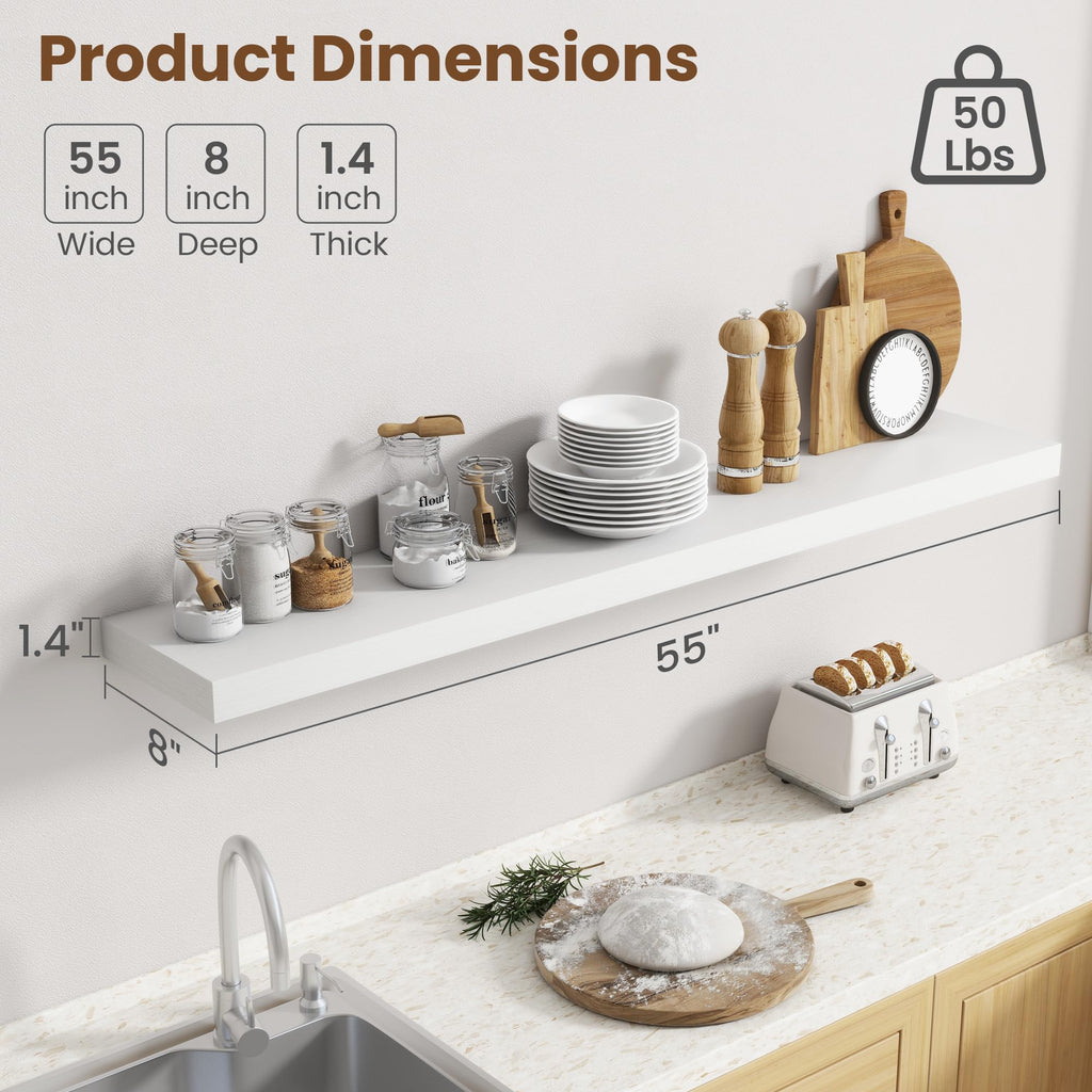 55 Inch Floating Shelves for Wall, 8 Inch Deep, Invisible Brackets, White