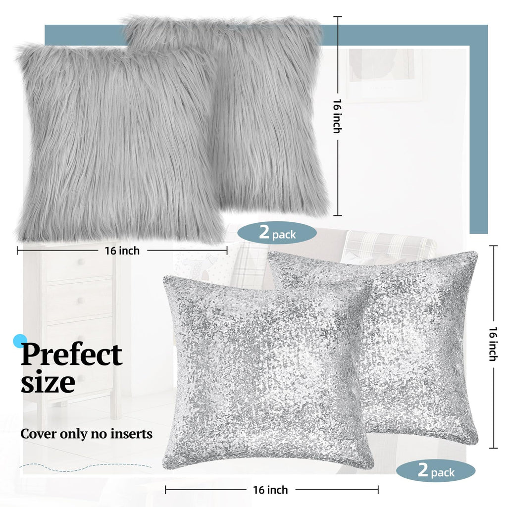 4 Pcs Sequin Fluffy Pillow, Silver, Gray, 18 x 18 Inch