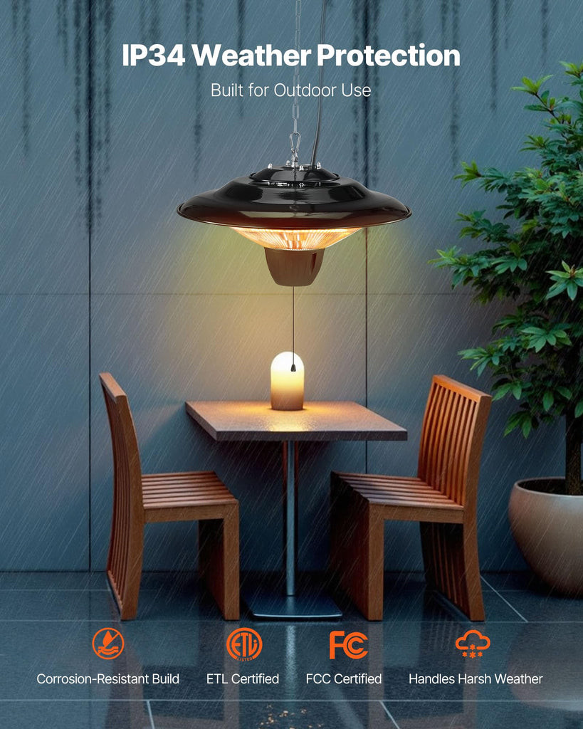 Hanging Patio Heater, 1500W Electric Space Infrared Heater, IP34 Protection with 23.6 inch Pull Cord & Adjustable