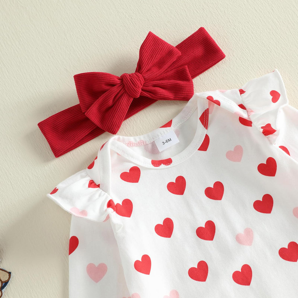 My First Valentines Day Baby Girl Outfit Ruffle Long Sleeve Romper Love Heart Overall Dress Headband Cute Clothes
