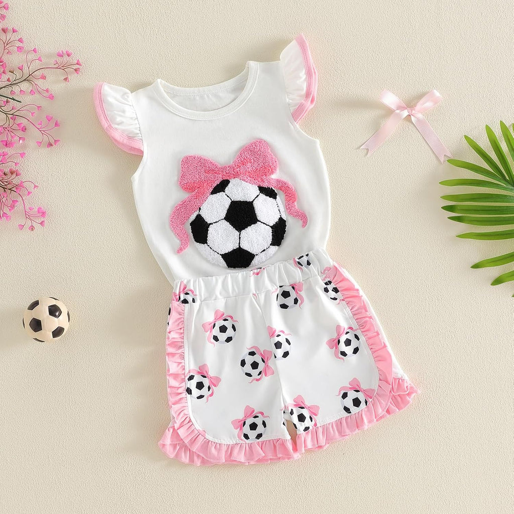 Toddler Baby Girl Soccer Summer Outfits Short Sleeve O Neck Soccer Bow Embroidered Tops Ruffle Trim Shorts Sets