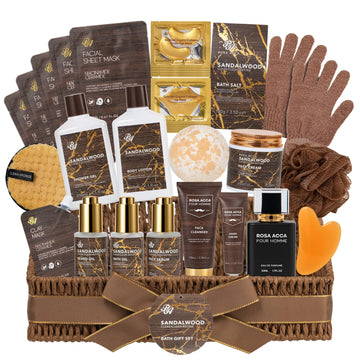 Sandalwood 32 Pcs Bath & Body Gifts Basket for Men, Beard Grooming Gift Set