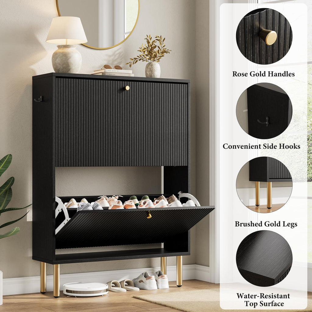 Shoe Cabinet Storage, Narrow Shoe Rack with Metal Legs, 9.5" Slim 2 Flip Drawers Shoe Storage Cabinet for Small