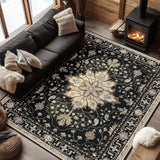 Area Rugs Washable Non-Slip, Floral Vintage Distress Print Pattern Medallion Carpet for Living Room Bedroom