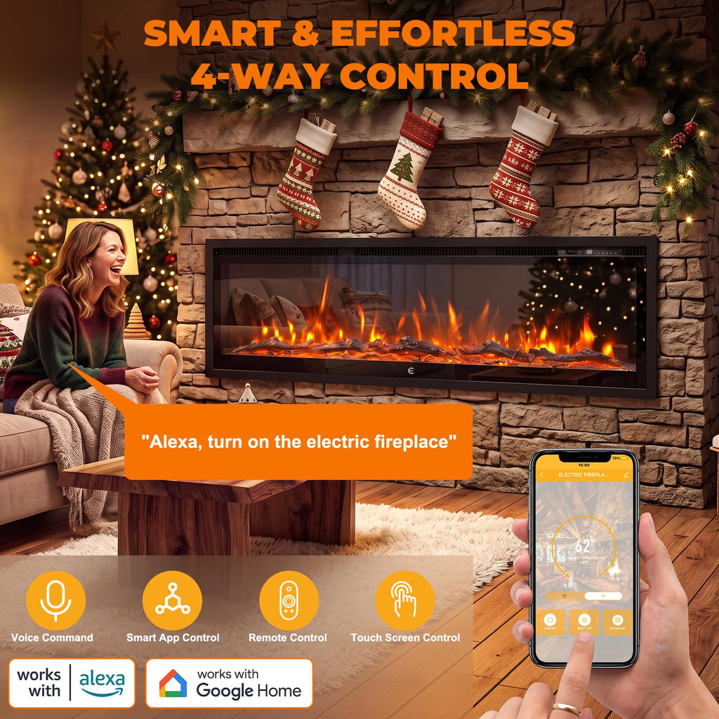 50 Inch Smart Electric Fireplace Insert Recessed and Wall Mounted